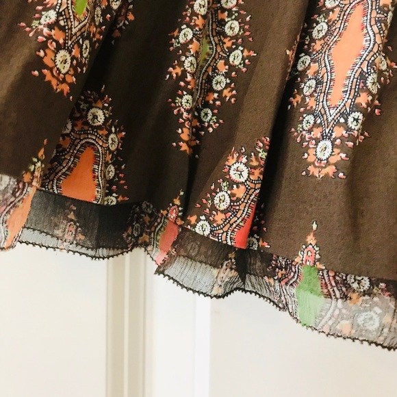 Gianni Bini Pin-tucked Pleated Brown & Orange Print Pull-on Skirt w Mesh Hem - Picture 2 of 11